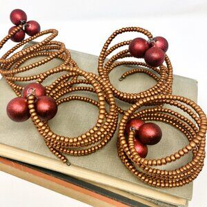 Four Matte Metallic Copper Seed Bead Spiral Faux Red Berry Napkin Rings